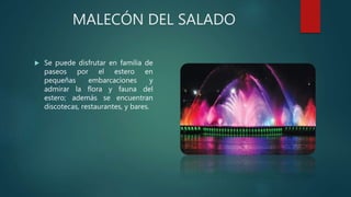 MALECÓN DEL SALADO
 Se puede disfrutar en familia de
paseos por el estero en
pequeñas embarcaciones y
admirar la flora y fauna del
estero; además se encuentran
discotecas, restaurantes, y bares.
 