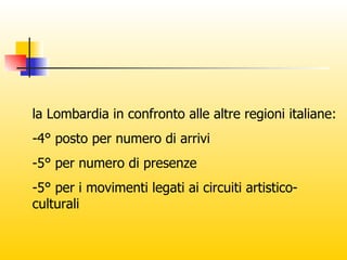 la Lombardia in confronto alle altre regioni italiane: -4° posto per numero di arrivi -5° per numero di presenze  -5° per i movimenti legati ai circuiti artistico-culturali 