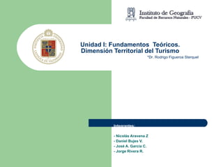 Integrantes: - Nicolás Aravena Z - Daniel Bujes V. - José A. García C. - Jorge Rivera R. Unidad I: Fundamentos  Teóricos. Dimensión Territorial del Turismo *Dr. Rodrigo Figueroa Sterquel 