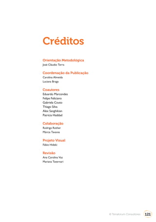 Créditos
Orientação Metodológica
José Cláudio Terra

Coordenação da Publicação
Carolina Almeida
Luciana Braga

Coautores
Eduardo Marcondes
Felipe Feliciano
Gabriela Couto
Thiago Silva
Alex Sanghikian
Patrícia Haddad

Colaboração
Rodrigo Rother
Márcia Tavares

Projeto Visual
Fábio Hideki

Revisão
Ana Carolina Vaz
Mariana Tavernari




                            © Terraforum Consultores   121
 