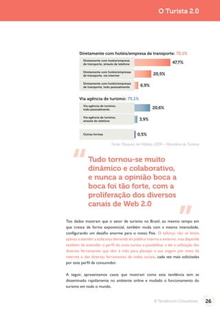 Turismo 2.0                                                              O Turista 2.0




                      Diretamente com hotéis/empresa de transporte: 75,1%
                        Diretamente com hotéis/empresa
                        de transporte, através de telefone                        47,7%

                        Diretamente com hotéis/empresas
                        de transporte, via internet                   20,5%

                        Diretamente com hotéis/empresas
                        de transporte, indo pessoalmente      6,9%


                      Via agência de turismo: 75,1%
                        Via agência de turismo,
                        indo pessoalmente                            20,6%

                        Via agência de turismo,
                        através do telefone                  3,9%


                        Outras formas                        0,5%

                                            Fonte: Pesquisa de Hábitos 2009 – Ministério do Turismo



                           Tudo tornou-se muito
                           dinâmico e colaborativo,
                           e nunca a opinião boca a
                           boca foi tão forte, com a
                           proliferação dos diversos
                           canais de Web 2.0

              Tais dados mostram que o setor de turismo no Brasil, ao mesmo tempo em
              que cresce de forma exponencial, também muda com a mesma intensidade,
              configurando um desafio enorme para o nosso País. O esforço não se limita
              apenas a atender a toda essa demanda do público interno e externo, mas depende
              também de entender o perfil do novo turista e possibilitar a ele a utilização das
              diversas ferramentas que têm à mão para planejar a sua viagem por meio da
              internet e das diversas ferramentas de redes sociais, cada vez mais solicitadas
              por este perfil de consumidor.

              A seguir, apresentamos casos que mostram como esta tendência tem se
              disseminado rapidamente no ambiente online e mudado o funcionamento do
              turismo em todo o mundo.


                                                                      © Terraforum Consultores        26
 