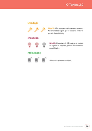 Turismo 2.0                                        O Turista 2.0




              Utilidade

                           Nível 3: A ferramenta transforma-se em uma peça
                           fundamental da viagem, que se baseia no conteúdo
                           por ela disponibilizado.

              Inovação

                            Nível 2: O uso da web 2.0 impacta no modelo
                            de negócio da empresa, gerando inclusive novas
                            possibilidades.

              Mobilidade


                            Não utiliza ferramentas móveis.




                                                 © Terraforum Consultores     36
 