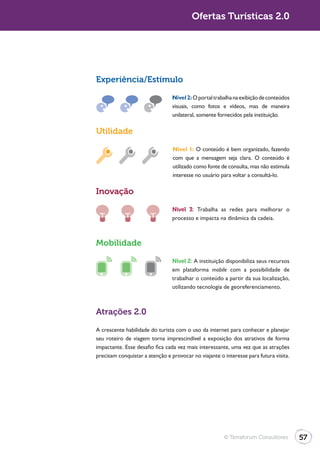 Ofertas Turísticas 2.0




Experiência/Estímulo

                                 Nível 2: O portal trabalha na exibição de conteúdos
                                 visuais, como fotos e vídeos, mas de maneira
                                 unilateral, somente fornecidos pela instituição.

Utilidade

                                 Nível 1: O conteúdo é bem organizado, fazendo
                                 com que a mensagem seja clara. O conteúdo é
                                 utilizado como fonte de consulta, mas não estimula
                                 interesse no usuário para voltar a consultá-lo.

Inovação

                                 Nível 3: Trabalha as redes para melhorar o
                                 processo e impacta na dinâmica da cadeia.



Mobilidade

                                 Nível 2: A instituição disponibiliza seus recursos
                                 em plataforma mobile com a possibilidade de
                                 trabalhar o conteúdo a partir da sua localização,
                                 utilizando tecnologia de georeferenciamento.



Atrações 2.0
A crescente habilidade do turista com o uso da internet para conhecer e planejar
seu roteiro de viagem torna imprescindível a exposição dos atrativos de forma
impactante. Esse desafio fica cada vez mais interessante, uma vez que as atrações
precisam conquistar a atenção e provocar no viajante o interesse para futura visita.




                                                       © Terraforum Consultores        57
 