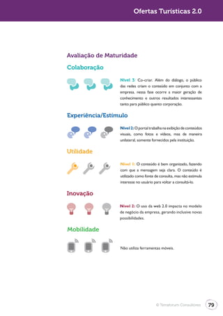 Ofertas Turísticas 2.0




Avaliação de Maturidade

Colaboração

                 Nível 3: Co-criar. Além do diálogo, o público
                 das redes criam o conteúdo em conjunto com a
                 empresa. nessa fase ocorre a maior geração de
                 conhecimento e outros resultados interessantes
                 tanto para público quanto corporação.

Experiência/Estímulo
                 Nível 2: O portal trabalha na exibição de conteúdos
                 visuais, como fotos e vídeos, mas de maneira
                 unilateral, somente fornecidos pela instituição.

Utilidade
                 Nível 1: O conteúdo é bem organizado, fazendo
                 com que a mensagem seja clara. O conteúdo é
                 utilizado como fonte de consulta, mas não estimula
                 interesse no usuário para voltar a consultá-lo.

Inovação

                 Nível 2: O uso da web 2.0 impacta no modelo
                 de negócio da empresa, gerando inclusive novas
                 possibilidades.

Mobilidade


                 Não utiliza ferramentas móveis.




                                       © Terraforum Consultores        79
 
