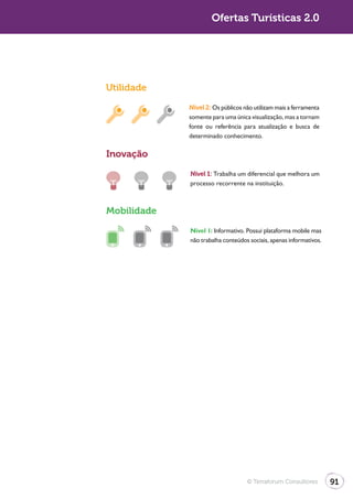 Ofertas Turísticas 2.0




Utilidade

             Nível 2: Os públicos não utilizam mais a ferramenta
             somente para uma única visualização, mas a tornam
             fonte ou referência para atualização e busca de
             determinado conhecimento.

Inovação

             Nível 1: Trabalha um diferencial que melhora um
             processo recorrente na instituição.



Mobilidade

             Nível 1: Informativo. Possui plataforma mobile mas
             não trabalha conteúdos sociais, apenas informativos.




                                   © Terraforum Consultores         91
 
