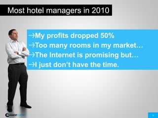 3
Most hotel managers in 2010
My profits dropped 50%
Too many rooms in my market…
The Internet is promising but…
I just don’t have the time.
 