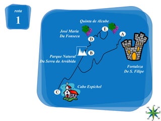 rota
2
rota
1
D
A
B
C
E
José Maria
Da Fonseca
Quinta de Alcube
Parque Natural
Da Serra da Arrábida
Cabo Espichel
Fortaleza
De S. Filipe
 