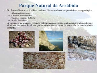 Parque Natural da Arrábida
• No Parque Natural da Arrábida, existem diversos relevos de grande interesse geológico:
– Afloramentos rochosos
– Calcários brancos do Sul
– Calcários cinzentos do Norte
– Brecha da Arrábida
• A existência de diversos recursos naturais como as mangas de calcários, dolomíticos e
siliciosos faz deste local um grande centro de extração de materiais de construção e
cimento.
 