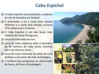  O Cabo Espichel está localizado a ocidente
da vila de Sesimbra em Setúbal.
 É delimitado a sul e oeste pelo oceano
Atlântico e a norte pela estrada nacional
379 e Ribeira dos Caixeiros.
 O Cabo Espichel é um dos locais mais
notáveis da Costa Portuguesa
 Início da imensidão do mar
 Local de culto religiosos onde o Santuário
de Nª Senhora do Cabo atraía romarias
dos mais diversos locais
 Local do maior interesse do ponto de vista
botânico e do ponto de vista ornitológico
 É também para programas de Observação
da fauna, da flora e da paisagem.
Cabo Espichel
 