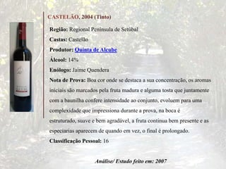 CASTELÃO, 2004 (Tinto)
Região: Regional Península de Setúbal
Castas: Castelão
Produtor: Quinta de Alcube
Álcool: 14%
Enólogo: Jaime Quendera
Nota de Prova: Boa cor onde se destaca a sua concentração, os aromas
iniciais são marcados pela fruta madura e alguma tosta que juntamente
com a baunilha confere intensidade ao conjunto, evoluem para uma
complexidade que impressiona durante a prova, na boca é
estruturado, suave e bem agradável, a fruta continua bem presente e as
especiarias aparecem de quando em vez, o final é prolongado.
Classificação Pessoal: 16
Análise/ Estudo feito em: 2007
 