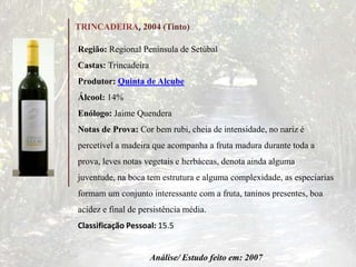 TRINCADEIRA, 2004 (Tinto)
Região: Regional Península de Setúbal
Castas: Trincadeira
Produtor: Quinta de Alcube
Álcool: 14%
Enólogo: Jaime Quendera
Notas de Prova: Cor bem rubi, cheia de intensidade, no nariz é
percetível a madeira que acompanha a fruta madura durante toda a
prova, leves notas vegetais e herbáceas, denota ainda alguma
juventude, na boca tem estrutura e alguma complexidade, as especiarias
formam um conjunto interessante com a fruta, taninos presentes, boa
acidez e final de persistência média.
Classificação Pessoal: 15.5
Análise/ Estudo feito em: 2007
 
