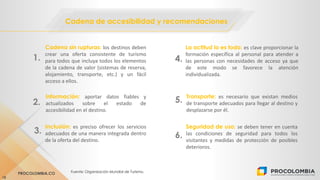 PROCOLOMBIA.CO Fuente: Organización Mundial de Turismo.
Cadena de accesibilidad y recomendaciones
18
Información: aportar datos fiables y
actualizados sobre el estado de
accesibilidad en el destino.
Cadena sin rupturas: los destinos deben
crear una oferta consistente de turismo
para todos que incluya todos los elementos
de la cadena de valor (sistemas de reserva,
alojamiento, transporte, etc.) y un fácil
acceso a ellos.
Transporte: es necesario que existan medios
de transporte adecuados para llegar al destino y
desplazarse por él.
Seguridad de uso: se deben tener en cuenta
las condiciones de seguridad para todos los
visitantes y medidas de protección de posibles
deterioros.
Inclusión: es preciso ofrecer los servicios
adecuados de una manera integrada dentro
de la oferta del destino.
La actitud lo es todo: es clave proporcionar la
formación específica al personal para atender a
las personas con necesidades de acceso ya que
de este modo se favorece la atención
individualizada.
1.
2.
3.
4.
5.
6.
 