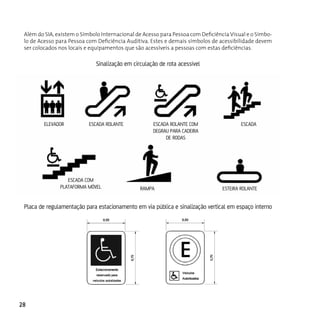 Além do SIA, existem o Símbolo Internacional de Acesso para Pessoa com Deficiência Visual e o Símbo-
 lo de Acesso para Pessoa com Deficiência Auditiva. Estes e demais símbolos de acessibilidade devem
 ser colocados nos locais e equipamentos que são acessíveis a pessoas com estas deficiências.

                              Sinalização em circulação de rota acessível




         ELEVADOR          ESCADA ROLANTE            ESCADA ROLANTE COM                  ESCADA
                                                     DEGRAU PARA CADEIRA
                                                          DE RODAS




                  ESCADA COM
               PLATAFORMA MÓVEL                 RAMPA                            ESTEIRA ROLANTE


 Placa de regulamentação para estacionamento em via pública e sinalização vertical em espaço interno




28
 