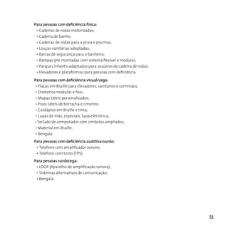 Para pessoas com deficiência física:
 • Cadeiras de rodas motorizadas;
 • Cadeira de banho;
 • Cadeiras de rodas para a praia e piscinas;
 • Louças sanitárias adaptadas;
 • Barras de segurança para o banheiro;
 • Rampas pré-montadas com sistema flexível e modular;
 • Parques infantis adaptados para usuários de cadeira de rodas;
 • Elevadores e plataformas para pessoas com deficiência.
Para pessoas com deficiência visual/cego:
 • Placas em Braille para elevadores, sanitários e corrimãos;
 • Diretórios modular e fixo;
 • Mapas táteis personalizados;
 • Pisos táteis de borracha e cimento;
 • Cardápios em Braille e tinta;
 • Lupas de mão, especiais, lupa eletrônica;
 •Teclado de computador com símbolos ampliados;
 • Material em Braille;
 • Bengala.
Para pessoas com deficiência auditiva/surdo:
 • Telefone com amplificador sonoro;
 • Telefone com texto (TPS).
Para pessoas surdocega:
 • LOOP (Aparelho de amplificação sonora);
 • Sistemas alternativos de comunicação;
 • Bengala.




                                                                   51
 