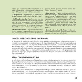 de serviços necessários ao funcionamento da ci-       públicos, fontes públicas, lixeiras, toldos, mar-
dade, implantados mediante autorização do po-         quises, quiosques e outros.
der público, em espaços públicos e privados.
                                                      • Rota acessível - Trajeto contínuo, desobstruí-
• Incapacidade - Impedimento ou limitação de          do e sinalizado que conecta ambientes externos
ações causadas em conseqüência da deficiência.        ou internos de espaços e edificações, e que pode
                                                      ser utilizado de forma autônoma e segura por
• Mobilidade reduzida – Aquela pessoa que, não        todas as pessoas, inclusive as com deficiência.
se enquadrando no conceito de pessoa com defi-        A rota acessível externa pode incorporar esta-
ciência, tenha por qualquer motivo, dificuldade       cionamentos, calçadas rebaixadas, faixas de
de movimentar-se permanente ou temporaria-            travessia de pedestres, rampas; a interna pode
mente, gerando redução efetiva de mobilidade,         incluir corredores, pisos, rampas, escadas, ele-
flexibilidade, coordenação motora e percepção.        vadores.
• Mobilidade urbana - Conjunto de objetos exis-       • Símbolo Internacional de Acesso - Indica exis-
tentes nas vias e espaços públicos, como semáfo-      tência de equipamentos, mobiliário e de serviços
ros, postes de sinalização e iluminação, telefones    voltados à pessoa com deficiência.


TIpoLogIA dA defIcIêncIA e MoBILIdAde ReduzIdA
O Ministério da Justiça do Brasil classifica como pessoas com deficiência o indivíduo que possui li-
mitação ou incapacidade para o desempenho de algum tipo de atividade. A tipologia utilizada para
caracterizar a deficiência pela Organização Mundial da Saúde (OMS) e usualmente aceita se divide
em: deficiência física (tetraplegia, paraplegia e outros), deficiência intelectual (leve, moderada, severa
e profunda), deficiência auditiva (total ou parcial), deficiência visual (cegueira total e baixa visão) e
deficiência múltipla (duas ou mais deficiências associadas). Acrescenta-se a este grupo as demais
parcelas da população que possuem mobilidade reduzida. A seguir, uma breve caracterização de cada
tipo de deficiência.

peSSoA coM defIcIêncIA InTeLecTuAL
A deficiência intelectual ou mental é aquela em que o indivíduo apresenta funcionamento intelec-
tual significativamente inferior à média, com manifestação antes dos dezoitos anos, e limitações as-
sociadas a duas ou mais áreas de habilidades adaptativas, tais como: comunicação, cuidado pessoal,
habilidades sociais, utilização dos recursos da comunicação, saúde e segurança, habilidades acadê-
micas, lazer e trabalho.
Ela tem sido graduada em níveis de comprometimento que variam entre leve, moderado, grave (ou
severo) e profundo. Entre as mais diversas complicações que estes níveis podem evidenciar, é de ex-
trema importância a concepção de que quanto maior o nível de comprometimento maior a necessi-


                                                                                                         19
 