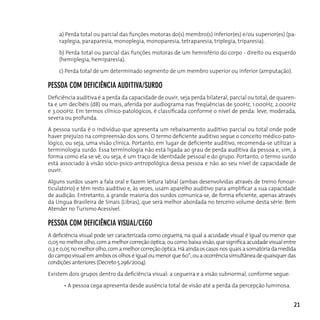 a) Perda total ou parcial das funções motoras do(s) membro(s) inferior(es) e/ou superior(es) (pa-
    raplegia, paraparesia, monoplegia, monoparesia, tetraparesia, triplegia, triparesia).

    b) Perda total ou parcial das funções motoras de um hemisfério do corpo - direito ou esquerdo
    (hemiplegia, hemiparesia).

    c) Perda total de um determinado segmento de um membro superior ou inferior (amputação).

peSSoA coM defIcIêncIA AudITIvA/SuRdo
Deficiência auditiva é a perda da capacidade de ouvir, seja perda bilateral, parcial ou total, de quaren-
ta e um decibéis (dB) ou mais, aferida por audiograma nas freqüências de 500Hz, 1.000Hz, 2.000Hz
e 3.000Hz. Em termos clínico-patológicos, é classificada conforme o nível de perda: leve, moderada,
severa ou profunda.

A pessoa surda é o indivíduo que apresenta um rebaixamento auditivo parcial ou total onde pode
haver prejuízo na compreensão dos sons. O termo deficiente auditivo segue o conceito médico-pato-
lógico, ou seja, uma visão clínica. Portanto, em lugar de deficiente auditivo, recomenda-se utilizar a
terminologia surdo. Essa terminologia não está ligada ao grau de perda auditiva da pessoa e, sim, à
forma como ela se vê, ou seja, é um traço de identidade pessoal e do grupo. Portanto, o termo surdo
está associado à visão sócio-psico-antropológica dessa pessoa e não ao seu nível de capacidade de
ouvir.

Alguns surdos usam a fala oral e fazem leitura labial (ambas desenvolvidas através de treino fonoar-
ticulatório) e têm resto auditivo e, às vezes, usam aparelho auditivo para amplificar a sua capacidade
de audição. Entretanto, a grande maioria dos surdos comunica-se, de forma eficiente, apenas através
da Língua Brasileira de Sinais (Libras), que será melhor abordada no terceiro volume desta série: Bem
Atender no Turismo Acessível.

peSSoA coM defIcIêncIA vISuAL/cego
A deficiência visual pode ser caracterizada como cegueira, na qual a acuidade visual é igual ou menor que
0,05 no melhor olho, com a melhor correção óptica; ou como baixa visão, que significa acuidade visual entre
0,3 e 0,05 no melhor olho, com a melhor correção óptica. Há ainda os casos nos quais a somatória da medida
do campo visual em ambos os olhos é igual ou menor que 60°; ou a ocorrência simultânea de quaisquer das
condições anteriores (Decreto 5.296/2004).

Existem dois grupos dentro da deficiência visual: a cegueira e a visão subnormal, conforme segue:

      • A pessoa cega apresenta desde ausência total de visão até a perda da percepção luminosa.


                                                                                                          21
 