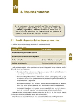 67
MODELO DE PLAN DE NEGOCIO: EMPRESA DE TURISMO ACTIVO
RECURSOS HUMANOS
8 .1 Relación de puestos de trabajo que se van a crear
La relación de puestos de trabajo de Galiactiva serán los siguientes:
Cuadro 12: Puestos de trabajo
Cada puesto de trabajo tendrá asociado unas competencias, estas competencias se pueden
definir de forma genérica como:
•	 Capacidades	físicas	necesarias	para	el	puesto,	ya	que	se	trata	de	actividades	deporti-
vas que requerirán una buena forma física.
•	 Conocimientos	profesionales	que	debe	tener	la	persona	que	ocupa	el	puesto,	ya	que	
se precisará una titulación preferentemente el de Técnico superior de animación de
actividades físicas y deportivas
•	 Aptitudes	del	trabajador	para	el	puesto,	además	de	las	aptitudes	físicas,	se	requerirá	
buen trato con el público, capacidad para entenderse con la gente y sociabilidad.
•	 Actitudes	del	trabajador	en	el	puesto,	como	ser	agradable	pero	fi	rme	en	cuestiones	
como las medidas de seguridad necesarias para la práctica de las actividades.
La experiencia no será indispensable pero obviamente se valorará, es más habitual que los
monitores de verano no dispongan de ella pero sí el trabajador.
En cualquier caso podrán formarse en este aspecto en colaboración con los promotores.
8 . Recursos humanos
En la elaboración de este apartado del Plan de Negocio, se
trabajó con las Memoﬁchas de los grupos de Contratos de
Trabajo y Legislación Laboral que contienen información so-
bre los tipos de contrato y sus características, así como de la
legislación que regula las relaciones laborales.
Puesto de trabajo Tipo de contrato
Promotor 1 (Gerente y responsable comercial) -
Promotor 2 (Responsable actividades deportivas) -
Monitor actividades Contrato indefinido jornada completa
Monitores temporada alta Contrato temporal jornada completa
 