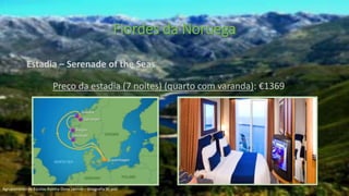 Estadia – Serenade of the Seas
Preço da estadia (7 noites) (quarto com varanda): €1369
Fiordes da Noruega
Agrupamento de Escolas Rainha Dona Leonor – Geografia 9º ano
 