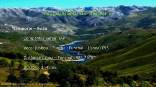 Transporte – Avião
Companhia aérea: TAP
Voos: (Lisboa – Funchal; Funchal – Lisboa) €95
Distância(Lisboa – Funchal): 985,7 km
Duração: 1h45min
Arquipélago da Madeira
Agrupamento de Escolas Rainha Dona Leonor – Geografia 9º ano
 