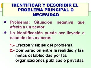 19
Objetivo
Problema: Situación negativa que
afecta a un sector.
La identificación puede ser llevada a
cabo de dos maneras:
IDENTIFICAR Y DESCRIBIR EL
PROBLEMA PRINCIPAL O
NECESIDAD
IDENTIFICAR Y DESCRIBIR EL
PROBLEMA PRINCIPAL O
NECESIDAD
1.- Efectos visibles del problema
2.- Comparación entre la realidad y las
metas establecidas por las
organizaciones públicas o privadas
 