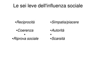 Le sei leve dell'influenza sociale


 •Reciprocità      •Simpatia/piacere

  •Coerenza        •Autorità
       •           •
•Riprova sociale   •Scarsità
 