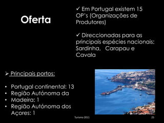  Em Portugal existem 15
                                OP’s (Organizações de
       Oferta                   Produtores)

                                 Direccionadas para as
                                principais espécies nacionais:
                                Sardinha, Carapau e
                                Cavala


 Principais portos:

•   Portugal continental: 13
•   Região Autónoma da
•   Madeira: 1
•   Região Autónoma dos
    Açores: 1
                               Turismo 2011                 25
 