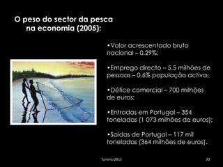 O peso do sector da pesca
   na economia (2005):

                         •Valor acrescentado bruto
                         nacional – 0.29%;

                         •Emprego directo – 5.5 milhões de
                         pessoas – 0.6% população activa;

                         •Défice comercial – 700 milhões
                         de euros;

                         •Entradas em Portugal – 354
                         toneladas (1 073 milhões de euros);

                         •Saídas de Portugal – 117 mil
                         toneladas (364 milhões de euros).

                      Turismo 2011                         30
 