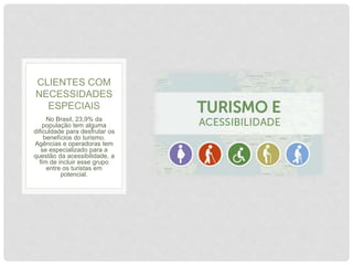 No Brasil, 23,9% da
população tem alguma
dificuldade para desfrutar os
benefícios do turismo.
Agências e operadoras tem
se especializado para a
questão da acessibilidade, a
fim de incluir esse grupo
entre os turistas em
potencial.
CLIENTES COM
NECESSIDADES
ESPECIAIS
 