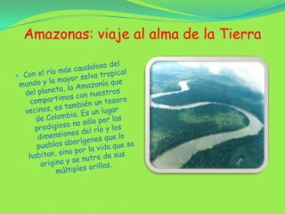 Amazonas: viaje al alma de la TierraCon el río más caudaloso del mundo y la mayor selva tropical del planeta, la Amazonía que compartimos con nuestros vecinos, es también un tesoro de Colombia. Es un lugar prodigioso no sólo por las dimensiones del río y los pueblos aborígenes que lo habitan, sino por la vida que se origina y se nutre de sus múltiples orillas.