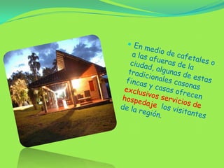 En medio de cafetales o a las afueras de la ciudad, algunas de estas tradicionales casonas fincas y casas ofrecen exclusivos servicios de hospedaje  los visitantes de la región.