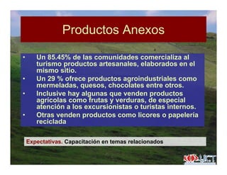 Productos AnexosProductos Anexos
• Un 85.45% de las comunidades comercializa al
turismo productos artesanales, elaborados en el
mismo sitio.
U 29 % f d t i d t i l• Un 29 % ofrece productos agroindustriales como
mermeladas, quesos, chocolates entre otros.
• Inclusive hay algunas que venden productos
í l f t d d i lagrícolas como frutas y verduras, de especial
atención a los excursionistas o turistas internos.
• Otras venden productos como licores o papelería
recicladareciclada
Expectativas Capacitación en temas relacionadosExpectativas. Capacitación en temas relacionados
 