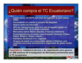 ¿Quién compra el TC Ecuatoriano?¿Quién compra el TC Ecuatoriano?
• Capta aprox. el 3.67% del total de ingresos al país (datos
2202)2202)
• Ascendente en cuanto a número de llegadas.
• Nuevo nicho de mercado
• 65% es internacional pero a la vez a logrado captar un65% es internacional, pero a la vez a logrado captar un
importante 35% de turismo nacional.
• Mercados reales EEUU, España, Francia y Alemania
• Posicionamiento en otros como Canadá, Holanda, Países
B j Bél i S i J óBajos, Bélgica, Suiza y Japón.
• Nacional, tendencia a lo regional.
• Grupos de edad: un consumidor adulto (>30años), con
mayores recursos económicos y capacidad de gasto mediamayores recursos económicos y capacidad de gasto media
alta.
Expectativas. Asistencia técnica y de capacitación para generar
un SIM (sistema de Investigación de Mercados) permanente para
el TC ecuatoriano
 