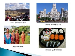 Turismo místico/esotérico
                            Turismo arquitetônico




     Turismo étnico

                            Turismo gastronômico
 