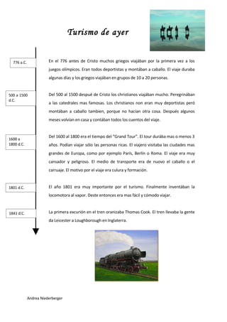 Turismo de ayer


                        En el 776 antes de Cristo muchos griegos viajában por la primera vez a los
  776 a.C.
                        juegos olímpicos. Eran todos deportistas y montában a caballo. El viaje duraba
                        algunas días y los griegos viajában en grupos de 10 a 20 personas.


                        Del 500 al 1500 despué de Cristo los christianos viajában mucho. Peregrinában
500 a 1500
d.C.
                        a las catedrales mas famosas. Los christianos non eran muy deportistas peró
                        montában a caballo tambien, porque no hacían otra cosa. Después algunos
                        meses volvían en casa y contában todos los cuentos del viaje.


                        Del 1600 al 1800 era el tiempo del “Grand Tour”. El tour durába mas o menos 3
1600 a
1800 d.C.               años. Podían viajar sólo las personas ricas. El viajero visitaba las ciudades mas
                        grandes de Europa, como por ejemplo París, Berlín o Roma. El viaje era muy
                        cansador y peligroso. El medio de transporte era de nuovo el caballo o el
                        carruaje. El motivo por el viaje era culura y formación.


                        El año 1801 era muy importante por el turismo. Finalmente inventában la
1801 d.C.
                        locomotora al vapor. Deste entonces era mas fácil y cómodo viajar.


                        La primera excurión en el tren oranizaba Thomas Cook. El tren llevaba la gente
1841 d.C.
                        da Leicester a Loughborough en Inglaterra.




             Andrea Niederberger
 