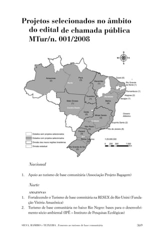 Projetos selecionados no âmbito
  do edital de chamada pública
  MTur/n. 001/2008




     Nacional

1.   Apoio ao turismo de base comunitária (Associação Projeto Bagagem)

     Norte
     amazonas
1.   Fortalecendo o Turismo de base comnitária na RESEX do Rio Unini (Funda-
     ção Vitória Amazônica)
2.   Turismo de base comunitária no baixo Rio Negro: bases para o desenvolvi-
     mento sócio-ambiental (IPÊ – Instituto de Pesquisas Ecológicas)


SILVA, RAMIRO e TEIXEIRA . Fomento ao turismo de base comunitária        369
 