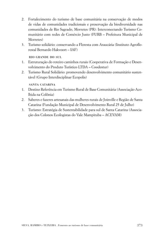 2.   Fortalecimento do turismo de base comunitária na conservação de modos
     de vidas de comunidades tradicionais e preservação da biodiversidade nas
     comunidades de Rio Sagrado, Morretes (PR): Interconectando Turismo Co-
     munitário com redes de Comércio Justo (FURB – Prefeitura Municipal de
     Morretes)
3.   Turismo solidário: conservando a Floresta com Araucária (Instituto Agroﬂo-
     restal Bernardo Hakvoort – IAF)
     rio grande do sul
1.   Estruturação do roteiro caminhos rurais (Cooperativa de Formação e Desen-
     volvimento do Produto Turístico LTDA – Coodestur)
2.   Turismo Rural Solidário: promovendo desenvolvimento comunitário susten-
     tável (Grupo Interdisciplinar Ecopolis)
     santa catarina
1.   Destino Referência em Turismo Rural de Base Comunitária (Associação Aco-
     lhida na Colônia)
2.   Saberes e fazeres artesanais das mulheres rurais de Joinville e Região de Santa
     Catarina (Fundação Municipal de Desenvolvimento Rural 25 de Julho)
3.   Turismo: Estratégia de Sustentabilidade para sul de Santa Catarina (Associa-
     ção dos Colonos Ecologistas do Vale Mampituba – ACEVAM)




SILVA, RAMIRO e TEIXEIRA . Fomento ao turismo de base comunitária               373
 
