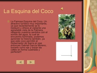 La Famosa Esquina del Coco. Un atractivo turístico muy importante, ya que recientemente se lo restauró y ofrece al visitante una agradable vista de la Palmera, relajando nuestros sentidos con el sonido del agua, la cual se encuentra iluminada, podemos aprender la historia también, ya que este coco permitió al Gobernador de Ibarra en ese entonces Gabriel García Moreno, tomarlo como eje y trazar las calles en forma cuadrada y perfecta!!!  La Esquina del Coco 