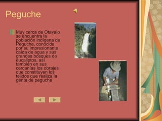 Peguche Muy cerca de Otavalo se encuentra la población indígena de Peguche, conocida por su impresionante caída de agua y sus grandes bosques de eucaliptos, así también en sus cercanías los obrajes que constituyen los tejidos que realiza la gente de peguche 