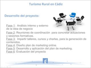 Desarrollo del proyecto:
Fase 2: Reuniones de coordinación para concretar actuaciones
y sesiones formativas.
Fase 3: Impartir talleres, cursos y charlas, para la generación de
contenidos.
Fase 4: Diseño plan de marketing online.
Fase 5: Desarrollo y aplicación del plan de marketing.
Fase 6: Evaluación del proyecto
Fase 1: Análisis interno y externo
de la idea de negocio
Turismo Rural en Cádiz
 