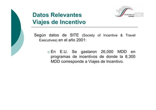Según datos de SITE (Society of Incentive & Travel
Executives) en el año 2001:
En E.U. Se gastaron 26,000 MDD en
programas de incentivos de donde la 8,300
MDD corresponde a Viajes de Incentivo.
Datos Relevantes
Viajes de Incentivo
 