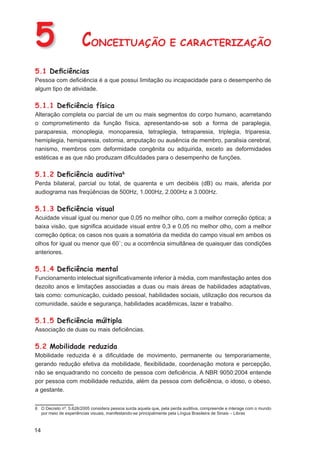 5                      CONCEITUAÇÃO E CARACTERIZAÇÃO
5.1 Deﬁciências
Pessoa com deﬁciência é a que possui limitação ou incapacidade para o desempenho de
algum tipo de atividade.

5.1.1 Deﬁciência física
Alteração completa ou parcial de um ou mais segmentos do corpo humano, acarretando
o comprometimento da função física, apresentando-se sob a forma de paraplegia,
paraparesia, monoplegia, monoparesia, tetraplegia, tetraparesia, triplegia, triparesia,
hemiplegia, hemiparesia, ostomia, amputação ou ausência de membro, paralisia cerebral,
nanismo, membros com deformidade congênita ou adquirida, exceto as deformidades
estéticas e as que não produzam diﬁculdades para o desempenho de funções.

5.1.2 Deﬁciência auditiva6
Perda bilateral, parcial ou total, de quarenta e um decibéis (dB) ou mais, aferida por
audiograma nas freqüências de 500Hz, 1.000Hz, 2.000Hz e 3.000Hz.

5.1.3 Deﬁciência visual
Acuidade visual igual ou menor que 0,05 no melhor olho, com a melhor correção óptica; a
baixa visão, que signiﬁca acuidade visual entre 0,3 e 0,05 no melhor olho, com a melhor
correção óptica; os casos nos quais a somatória da medida do campo visual em ambos os
olhos for igual ou menor que 60˚; ou a ocorrência simultânea de quaisquer das condições
anteriores.

5.1.4 Deﬁciência mental
Funcionamento intelectual signiﬁcativamente inferior à média, com manifestação antes dos
dezoito anos e limitações associadas a duas ou mais áreas de habilidades adaptativas,
tais como: comunicação, cuidado pessoal, habilidades sociais, utilização dos recursos da
comunidade, saúde e segurança, habilidades acadêmicas, lazer e trabalho.

5.1.5 Deﬁciência múltipla
Associação de duas ou mais deﬁciências.

5.2 Mobilidade reduzida
Mobilidade reduzida é a diﬁculdade de movimento, permanente ou temporariamente,
gerando redução efetiva da mobilidade, ﬂexibilidade, coordenação motora e percepção,
não se enquadrando no conceito de pessoa com deﬁciência. A NBR 9050:2004 entende
por pessoa com mobilidade reduzida, além da pessoa com deﬁciência, o idoso, o obeso,
a gestante.


6 O Decreto nº. 5.626/2005 considera pessoa surda aquela que, pela perda auditiva, compreende e interage com o mundo
  por meio de experiências visuais, manifestando-se principalmente pela Língua Brasileira de Sinais – Libras



14
 