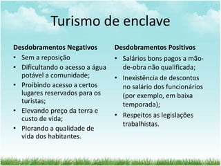 Turismo de enclave 
Desdobramentos Negativos 
• Sem a reposição 
• Dificultando o acesso a água 
potável a comunidade; 
• Proibindo acesso a certos 
lugares reservados para os 
turistas; 
• Elevando preço da terra e 
custo de vida; 
• Piorando a qualidade de 
vida dos habitantes. 
Desdobramentos Positivos 
• Salários bons pagos a mão-de- 
obra não qualificada; 
• Inexistência de descontos 
no salário dos funcionários 
(por exemplo, em baixa 
temporada); 
• Respeitos as legislações 
trabalhistas. 
 