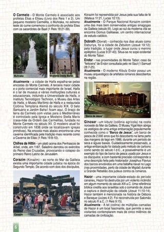 6
“Barco de Jesus”
Muhraka Mosterio Stella Maris
Corazim
O Carmelo - O Monte Carmelo é associado aos
profetas Elias e Eliseu (Livro dos Reis 1 e 2). Um
pequeno mosteiro Carmelita, o Muhraka, no extremo
leste do cume comemora o confronto do profeta Elias
com os sacerdotes de Baal (1 Reis 18:21-39).
Atualmente - a cidade de Haifa espalha-se pelas
encostas do Monte Carmelo. A terceira maior cidade
e o porto comercial mais importante de Israel, Haifa
é o lar de museus e várias instituições culturais e
educacionais, incluindo a Universidade de Haifa, o
Instituto Tecnológico Technion, o Museu das Artes
de Haifa, o Museu Marítimo de Haifa e a restaurada
Colônia Templária Alemã do século XIX. O belo
Santuário e Jardim Baha’i ficam aqui. O braço de
terra do Carmelo com vistas para o Mediterrâneo
é controlado pela Igreja e Mosteiro Stella Maris
(casa-mãe da Ordem das Carmelitas, fundada no
Monte Carmelo no século XII. O mosteiro atual foi
construído em 1836 onde se localizavam igrejas
primitivas). Na encosta mais abaixo encontra-se uma
caverna identificada pela tradição mais recente como
a Caverna de Elias (1 Reis 19:8-10).
Chifres de Hittin - um platô acima dos Penhascos de
Arbel, onde, em 1187, Saladino derrotou os exércitos
do Reino das Cruzadas, provocando o colapso do
primeiro Reino Latino de Jerusalém.
Corazim (Korazim) - ao norte do Mar da Galileia
existia uma importante cidade judaica na época do
Segundo Templo. De acordo com dois dos discípulos,
Korazim foi repreendida por Jesus pela sua falta de fé
(Mateus 11:21, Lucas 10:13).
Atualmente - O Parque Nacional Korazim contém
uma das mais bem conservadas antigas sinagogas
da Galileia (século III). Logo ao sul da moderna vila se
encontra Domus Galilaeae, um centro internacional
de estudo católico.
Dobrath (Dovrat) - conhecida nos dias atuais como
Daburiya, foi a cidade de Zebulom (Josué 19:12);
pela tradição, o lugar onde Jesus curou o menino
epiléptico (Lucas 9:37-43). Situa-se no sopé ocidental
do Monte Tabor.
Endor - nas proximidades do Monte Tabor; casa da
“feiticeira” de Endor consultada pelo rei Saul (1 Samuel
28:7-25).
Atualmente - O moderno Kibutz Endor possui um
museu arqueológico de artefatos romanos descobertos
na região.
Ginosar –um kibutz (colônia agrícola) na costa
noroeste do Mar da Galileia. O Museu Yigal Alon abriga
os vestígios de uma antiga embarcação popularmente
conhecida como o “Barco de Jesus”, um barco de
pesca de 2.000 anos que foi descoberto na lama perto
das margens do lago em 1986, durante um período de
seca e águas baixas. Cuidadosamente preservado, a
antiga embarcação foi datada pelo método de carbono
como sendo do século I d.C., e possivelmente é um
exemplo do tipo de barco de pesca usado por Jesus e
os discípulos; e com bastante precisão corresponde a
uma descrição feita pelo historiador ​​Josephus Flavius
dos barcos envolvidos em uma batalha naval no Lago
(nas proximidades, perto da cidade de Migdal) durante
a Grande Rebelião dos judeus contra os romanos.
Hazor - uma importante cidade-estado do período
cananeu, Hazor foi destruída por um violento incêndio
em algum momento do século XIII a.C. Uma referência
bíblica credita aos israelitas sob o comando de Josué
a captura e destruição da cidade (Josué 11:10-14).
Hazor também é mencionada na história de Débora
e Baraque (Juízes 4:2). Foi reconstruída por Salomão
no século X a.C. (1 Reis 9:15).
Atualmente - A tel (colina) de múltiplas camadas
de Hazor é um local fascinante, que permite a seus
visitantes contemplarem mais de cinco milênios de
camadas de civilização.
 