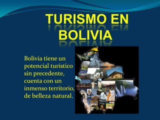 TURISMO EN BOLIVIA Bolivia tiene un potencial turístico sin precedente, cuenta con un inmenso territorio, de belleza natural. 