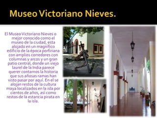 Museo Victoriano Nieves.El Museo Victoriano Nieves o mejor conocido como el museo de la ciudad, esta alojado en un magnífico edificio de la época porfiriana con amplios corredores con columnas y arcos y un gran patio central, donde un viejo laurel de la India parece querer contarnos la historia que sus añosas ramas han visto pasar por aquí. En el se alojan restos de la cultura maya localizados en la isla por cientos de años, así como restos de la estancia pirata en la isla. 