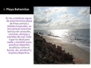 Playa BahamitasEn las cristalinas aguas de esta hermosa playa de finas arenas y árboles tropicales, se encuentran enormes bancos de caracoles, conchas, almejas y estrellas de mar. Este lugar es ideal para nadar y también para practicar deportes acuáticos como el buceo, ski, windsurf y la pesca deportiva. 