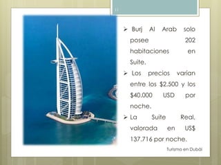 Turismo en Dubái 
11 
 Burj Al Arab solo 
posee 202 
habitaciones en 
Suite. 
 Los precios varían 
entre los $2.500 y los 
$40.000 USD por 
noche. 
 La Suite Real, 
valorada en US$ 
137.716 por noche. 
 