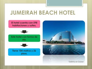 JUMEIRAH BEACH HOTEL 
Turismo en Dubai 
9 
El hotel cuenta con 598 
habitaciones y suites. 
Este hotel con forma de 
ola. 
Tiene 104 metros y 26 
pisos. 
 