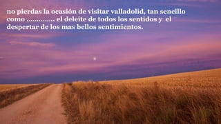 no pierdas la ocasión de visitar valladolid, tan sencillo
como …….……. el deleite de todos los sentidos y el
despertar de los mas bellos sentimientos.
 
