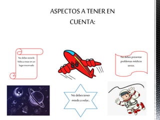 ASPECTOS A TENER EN
CUENTA:
Nodebestenerle
fobiaaestarenun
lugarencerrado
No debes tener
miedo a volar.
No debes presentar
problemas médicos
serios.